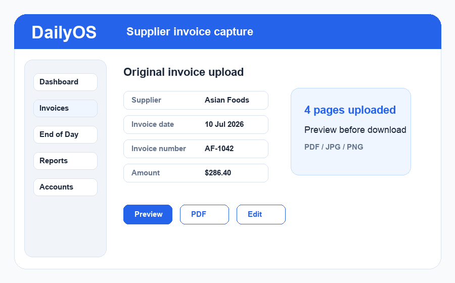DailyOS invoice page showing supplier invoice records and original invoice previews