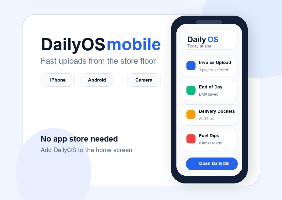 DailyOS mobile preview showing store upload screens