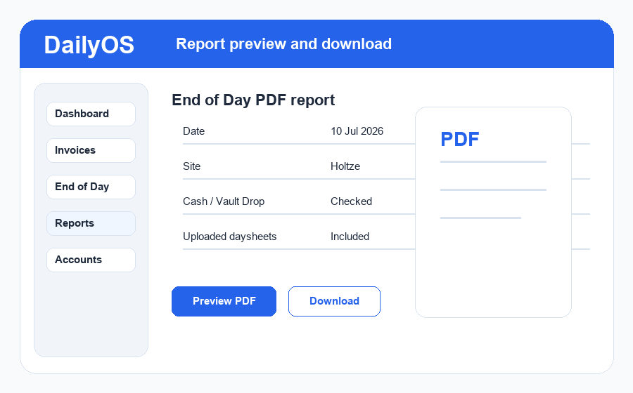 DailyOS report preview with PDF and export options
